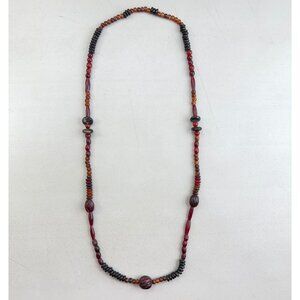 Vintage Extra Long Beaded Necklace 1970s Chunky Plastic Beads Brown/Red/Black  C